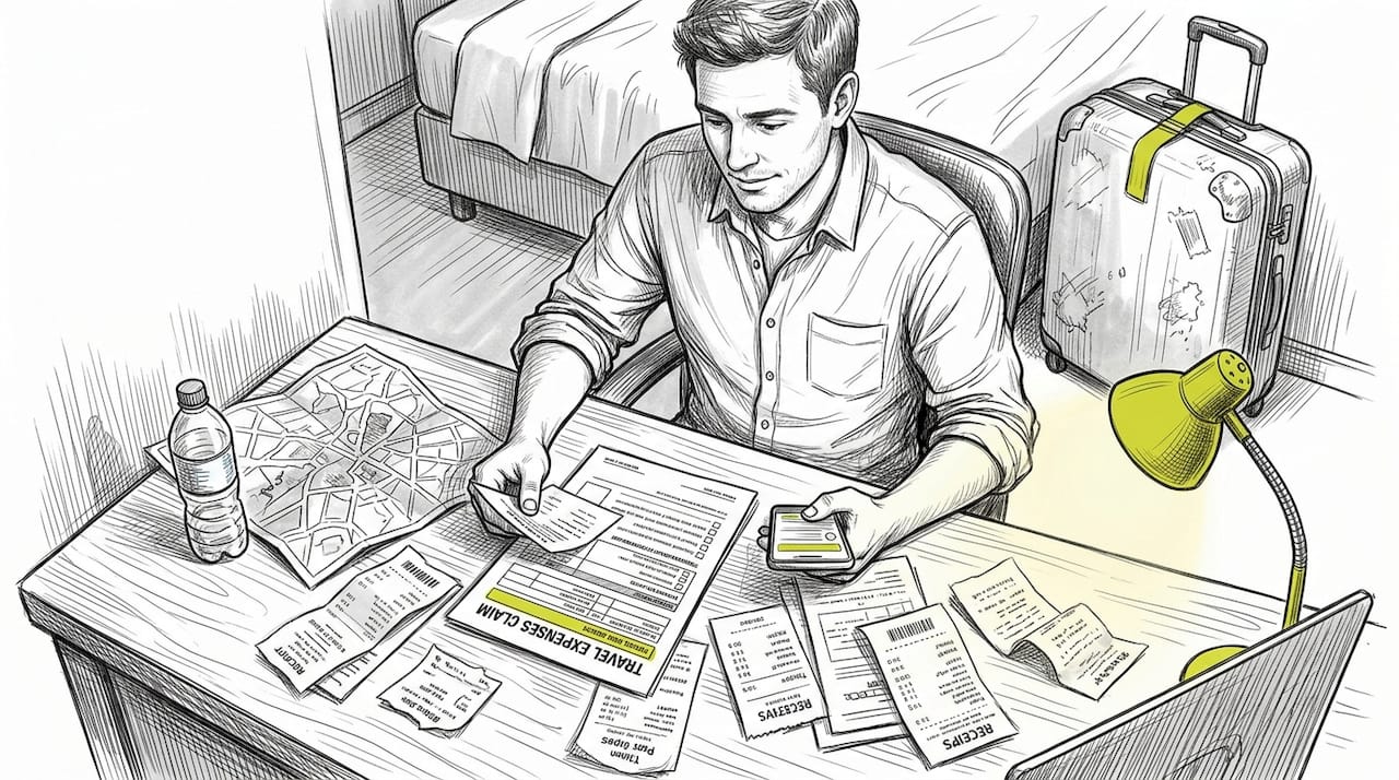 Traveler organizing paperwork for insurance claim