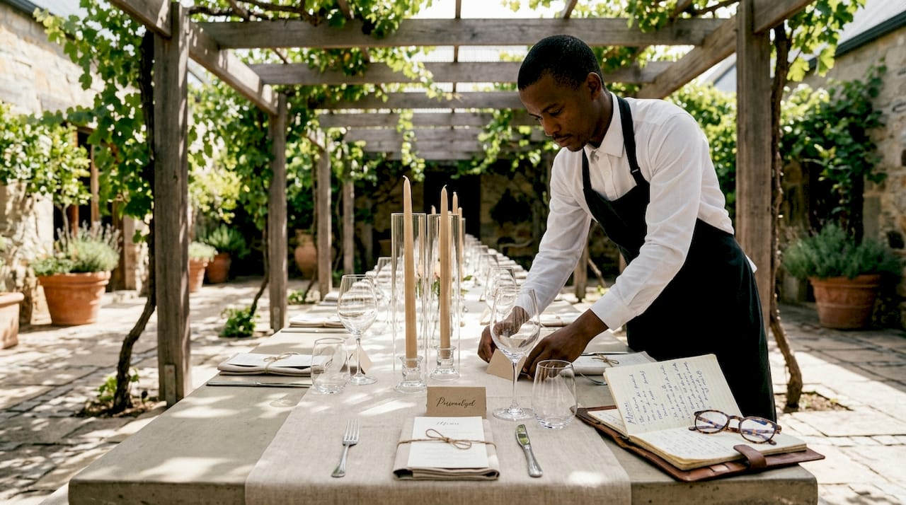 Waiter setting personalized place cards outdoors