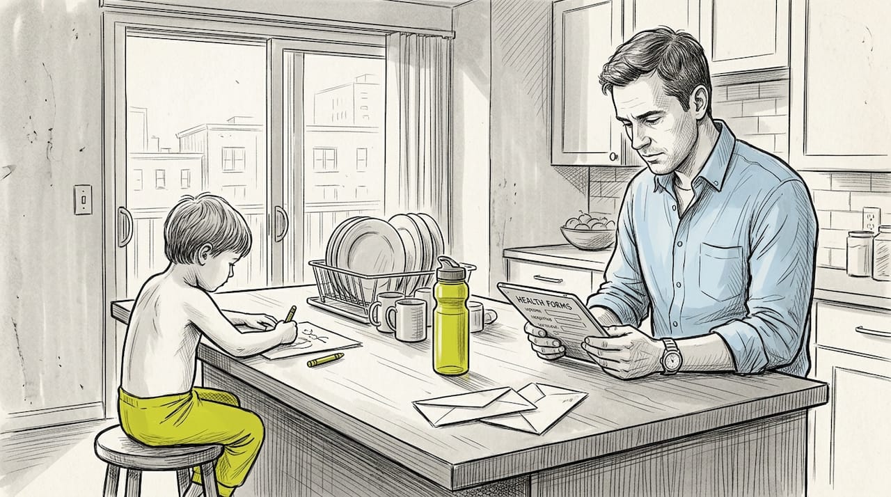 Father filing expat insurance forms at home