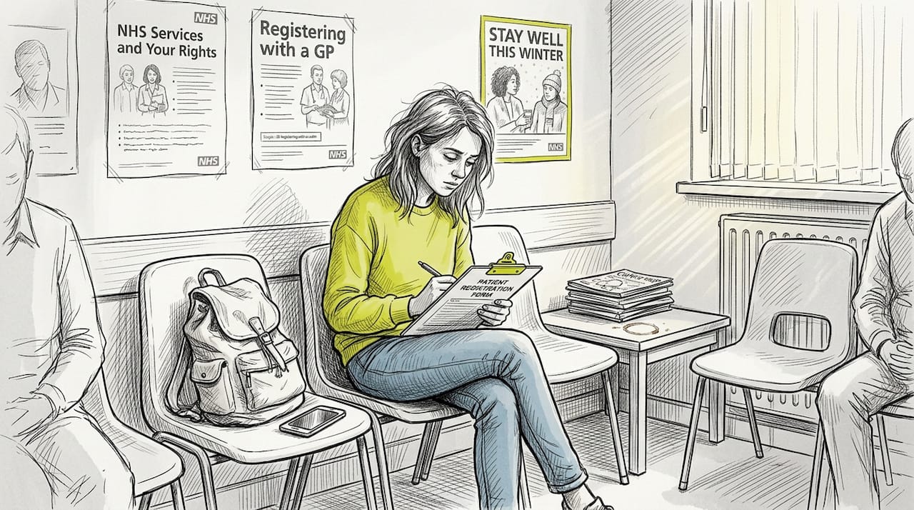 Traveler fills paperwork in hospital waiting room