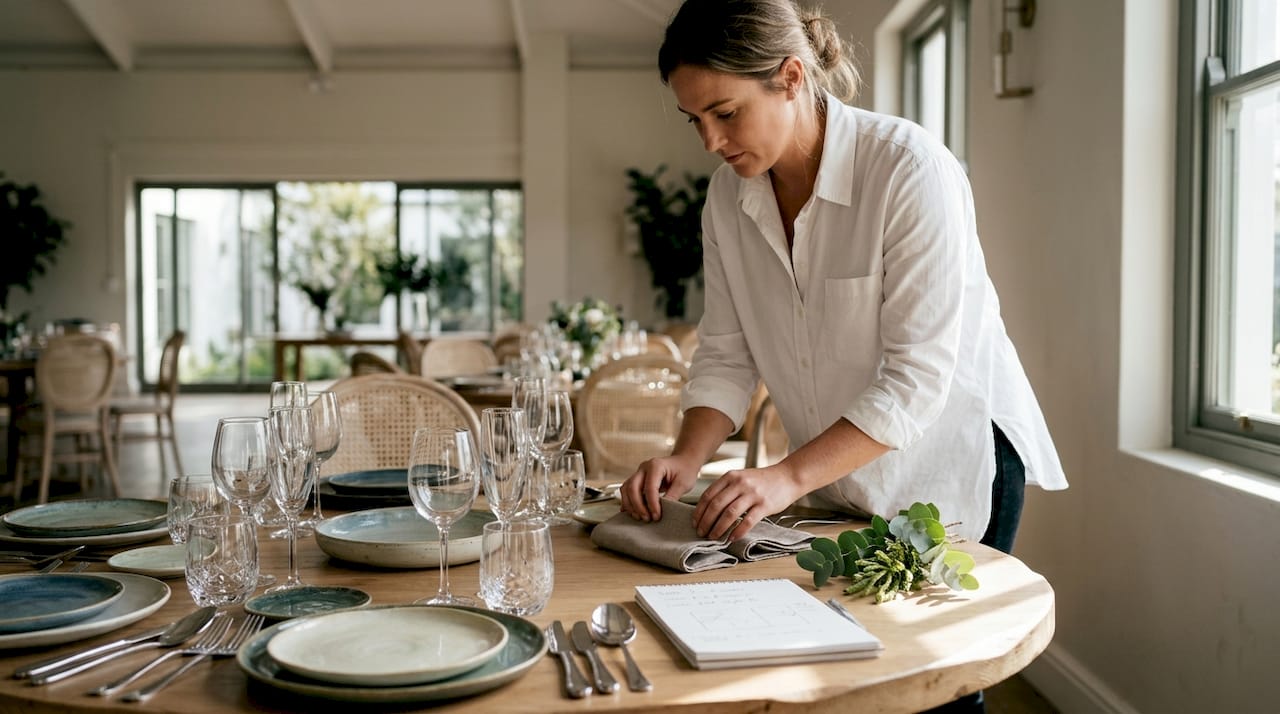 Assistant curating table linens and glassware