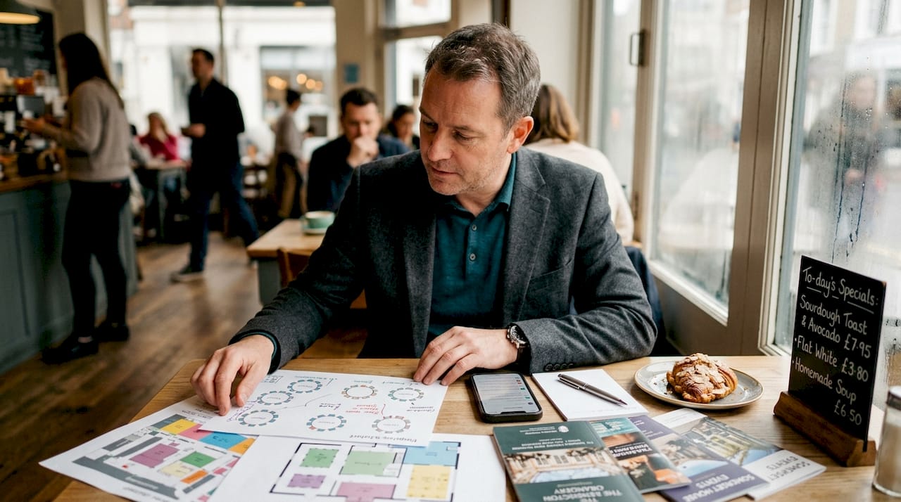 Consultant organizing seating charts at home office desk