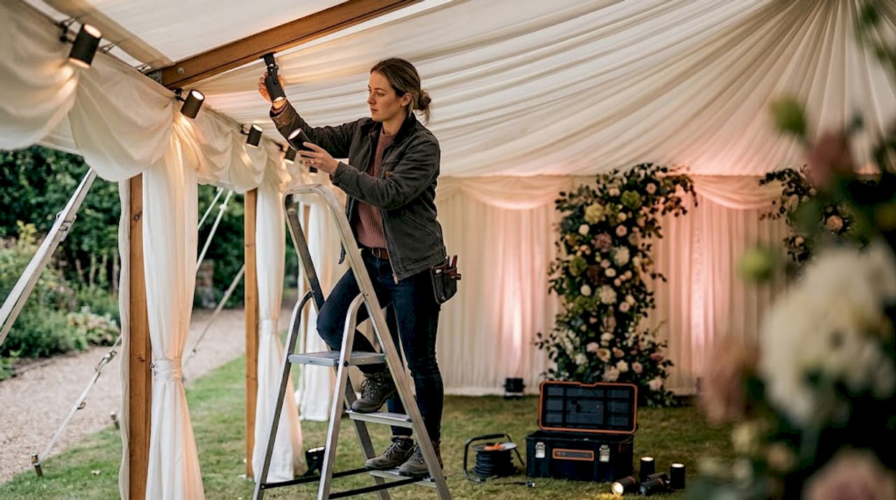 Lighting designer installing uplights in wedding venue
