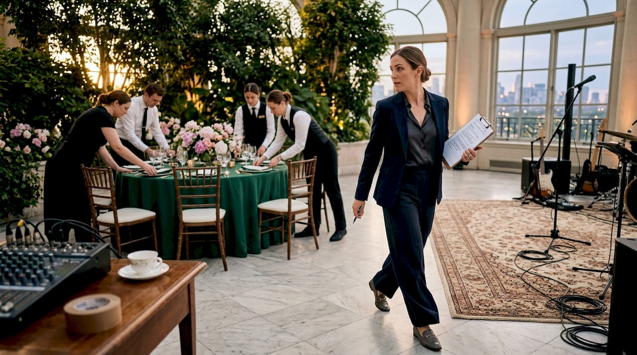 Event coordinator organizing luxury ballroom setup
