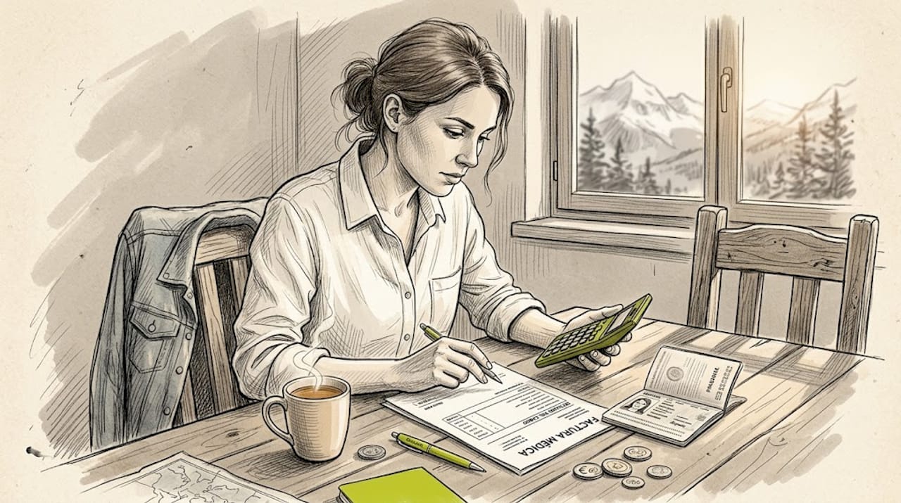 Mujer revisando una factura médica internacional en la habitación de su hotel