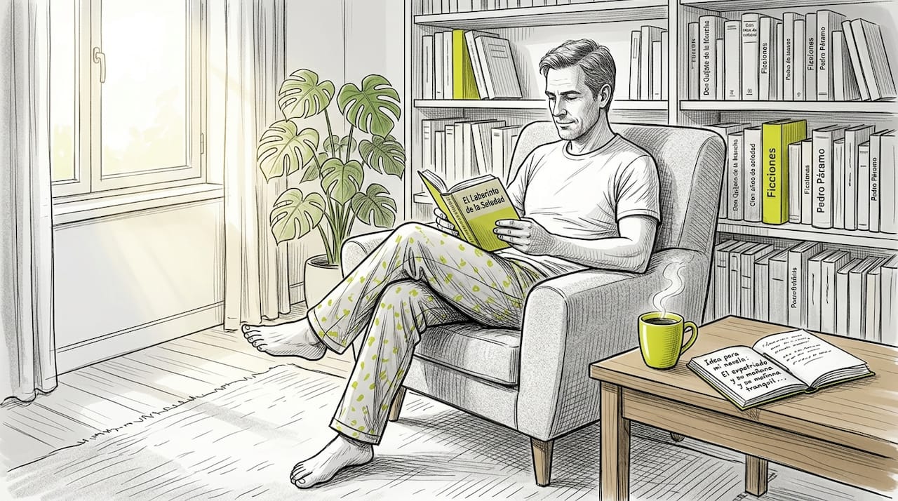 Hombre disfrutando de la lectura en un salón acogedor típico de expatriados