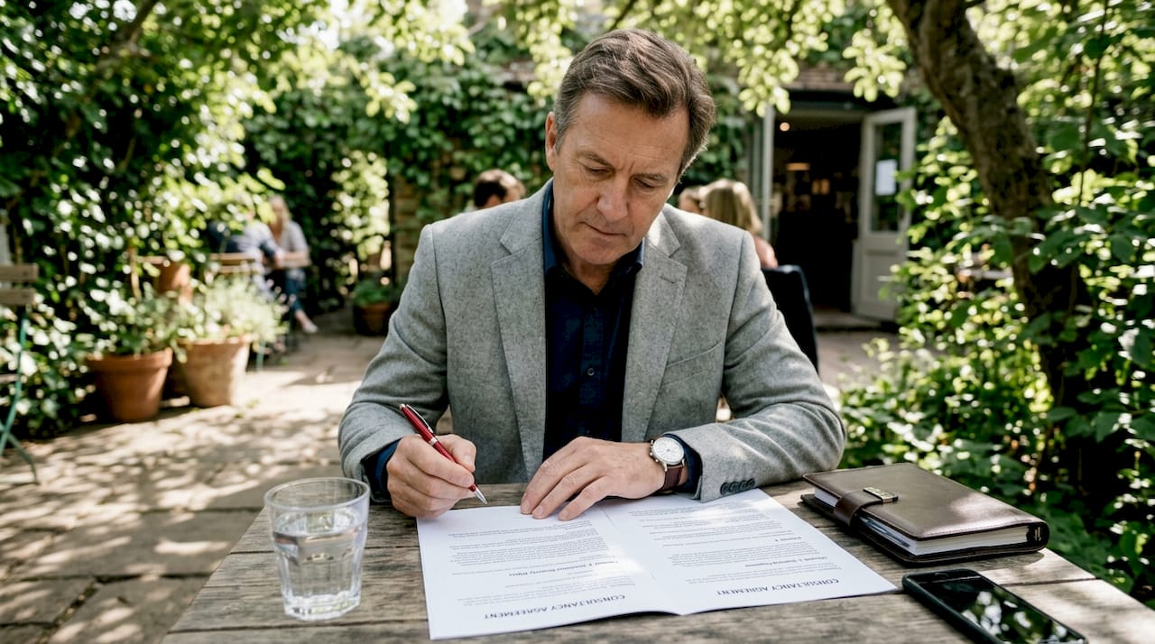 Man reviewing luxury venue contract in hotel lounge