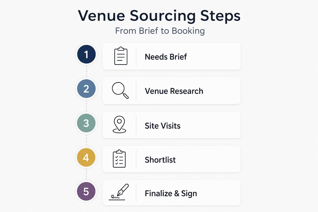 Infographic of luxury venue sourcing steps from brief to booking