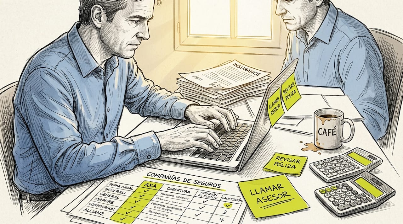 Hombre revisando y comparando diferentes seguros de viaje sentado en su escritorio.