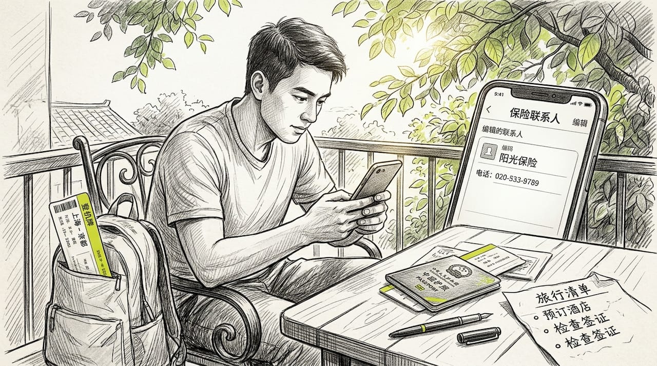 男子将保险公司的紧急联系人保存到手机里,以备不时之需。
