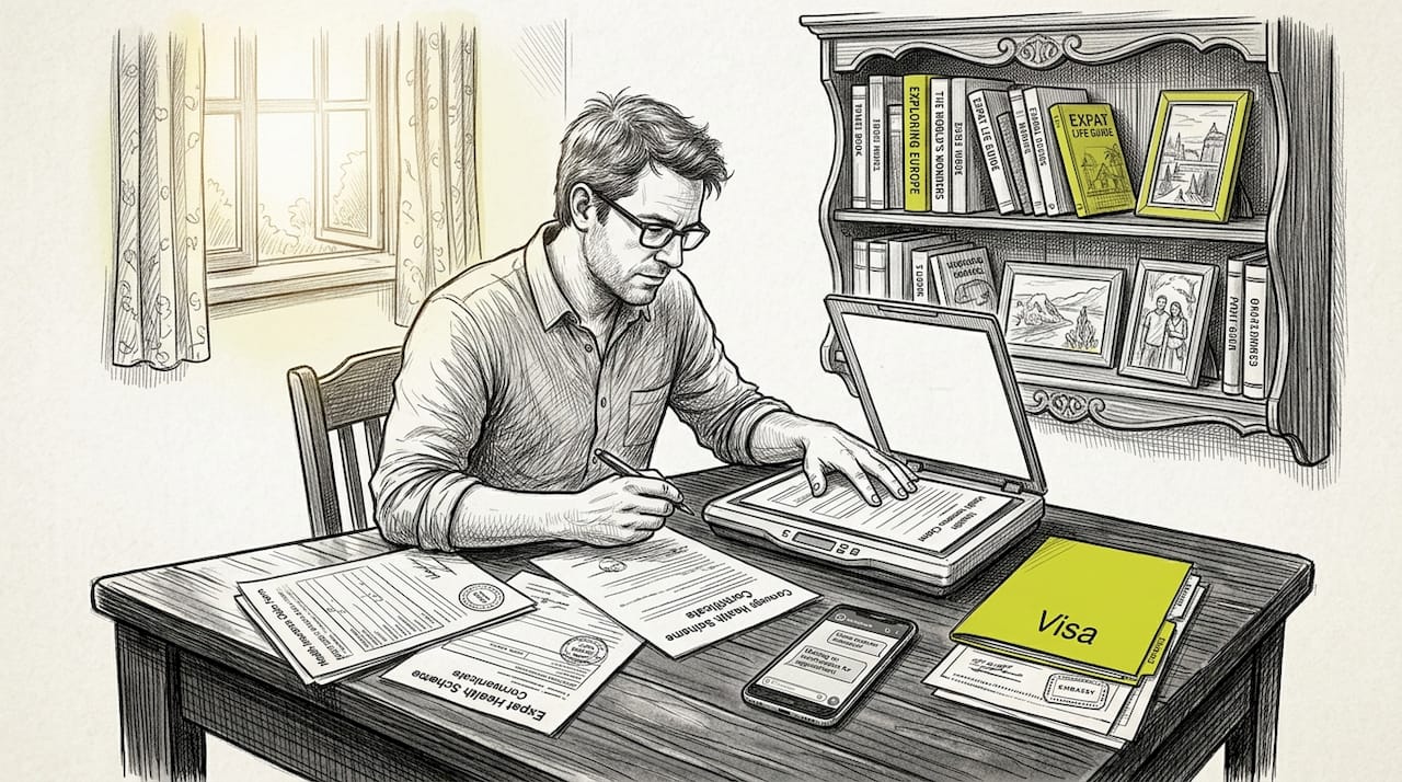 Man scanning visa and insurance documents
