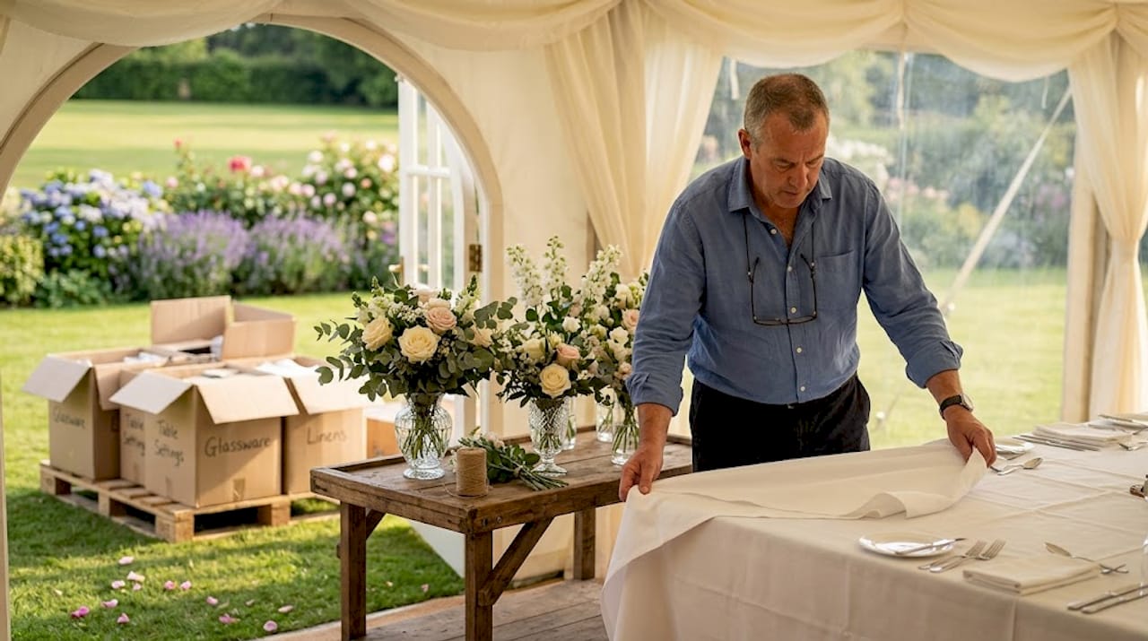 Coordinator preparing luxury wedding table setup