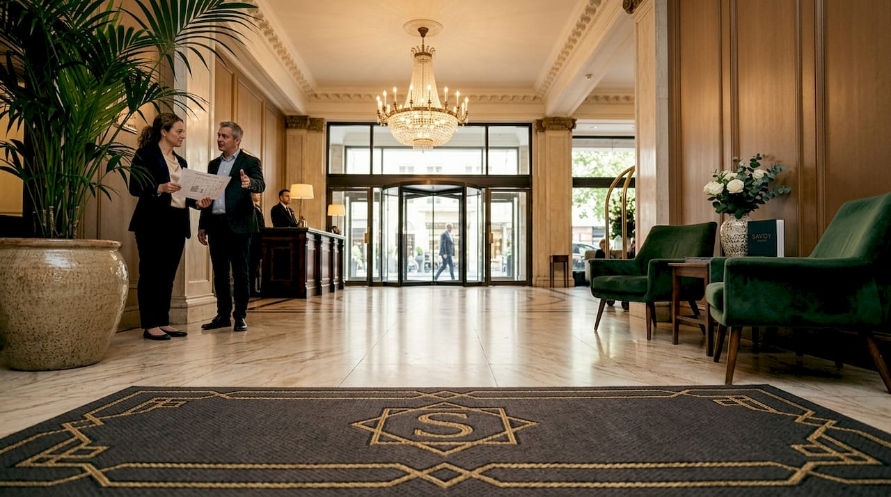 Coordinator reviewing ballroom floor plan with manager