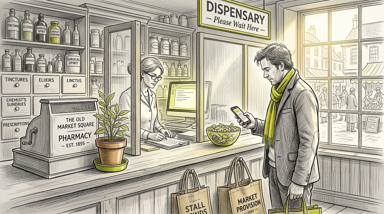 Traveler verifying prescription at foreign pharmacy