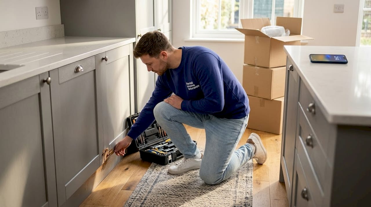 Tenant inspecting damage to skirting board