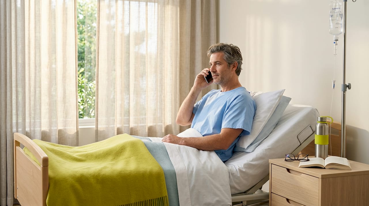 El paciente realiza una llamada telefónica desde la cama del hospital.