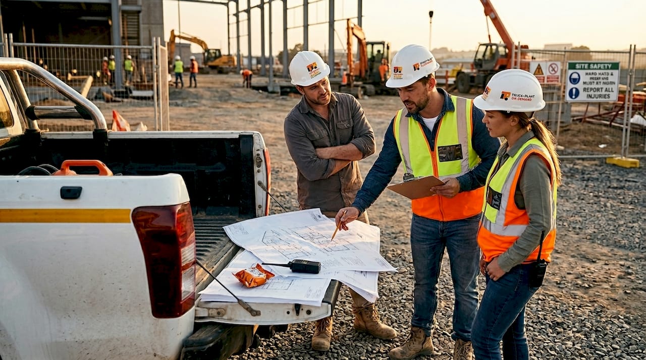 Subcontractors discussing plans at construction truck