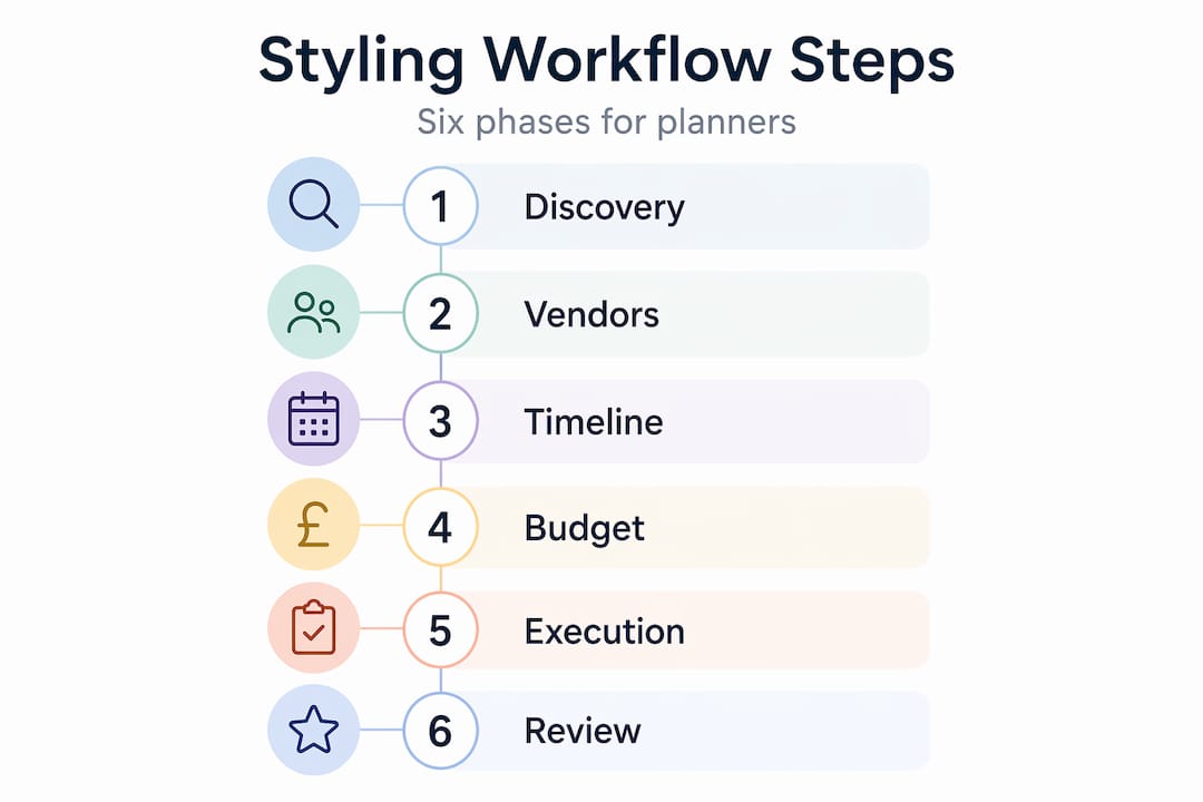 Infographic showing six event styling workflow phases