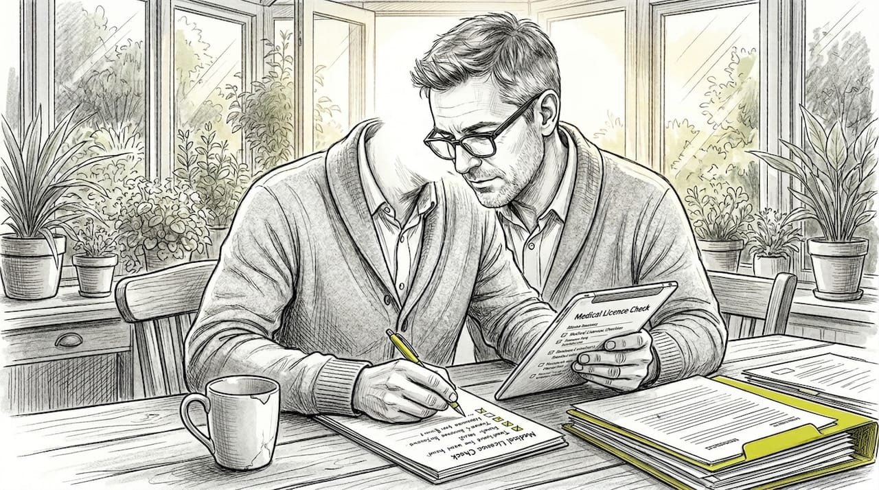 Man verifying doctor’s license using tablet