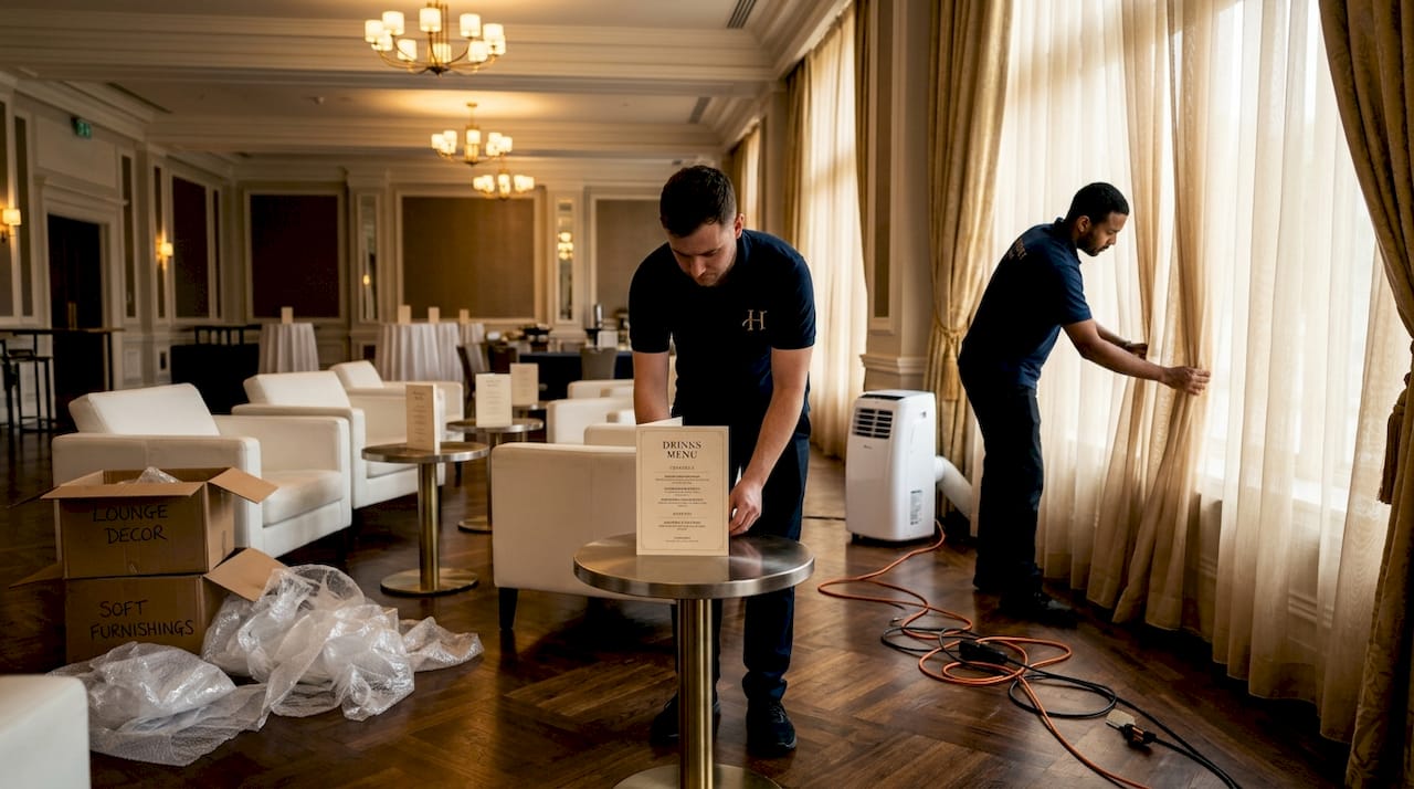 Setup crew arranges chairs in VIP lounge