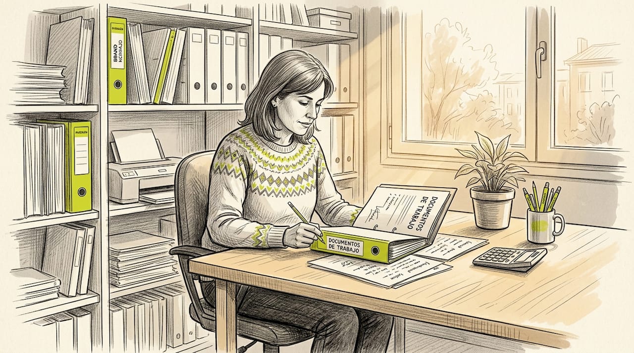 Mujer revisando y ordenando documentos de su seguro
