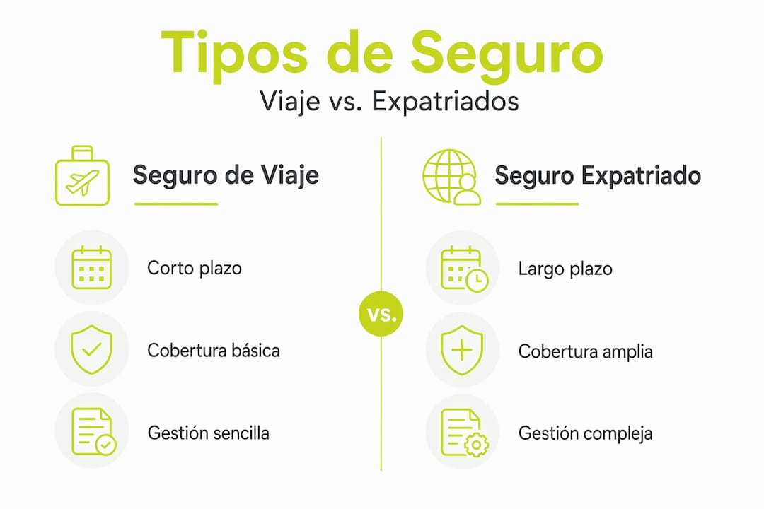 Infografía que muestra las diferencias entre el seguro de viaje y el seguro para expatriados