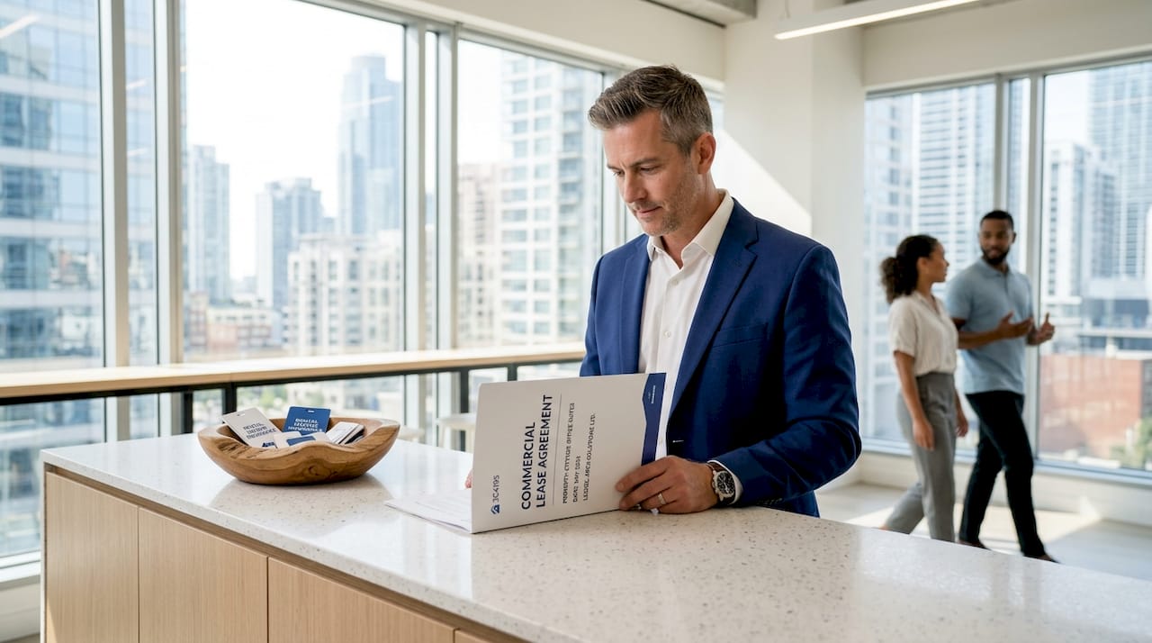 Property manager reviewing commercial lease workspace