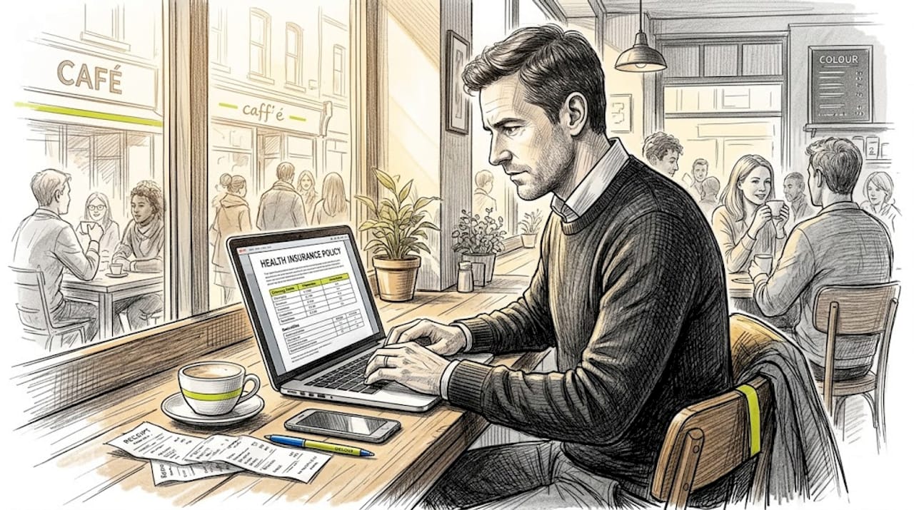 Man reviewing medical insurance policy on laptop in cafe