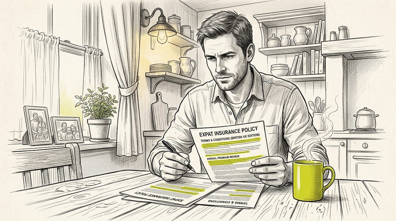 Man reviewing expat insurance policy papers at home