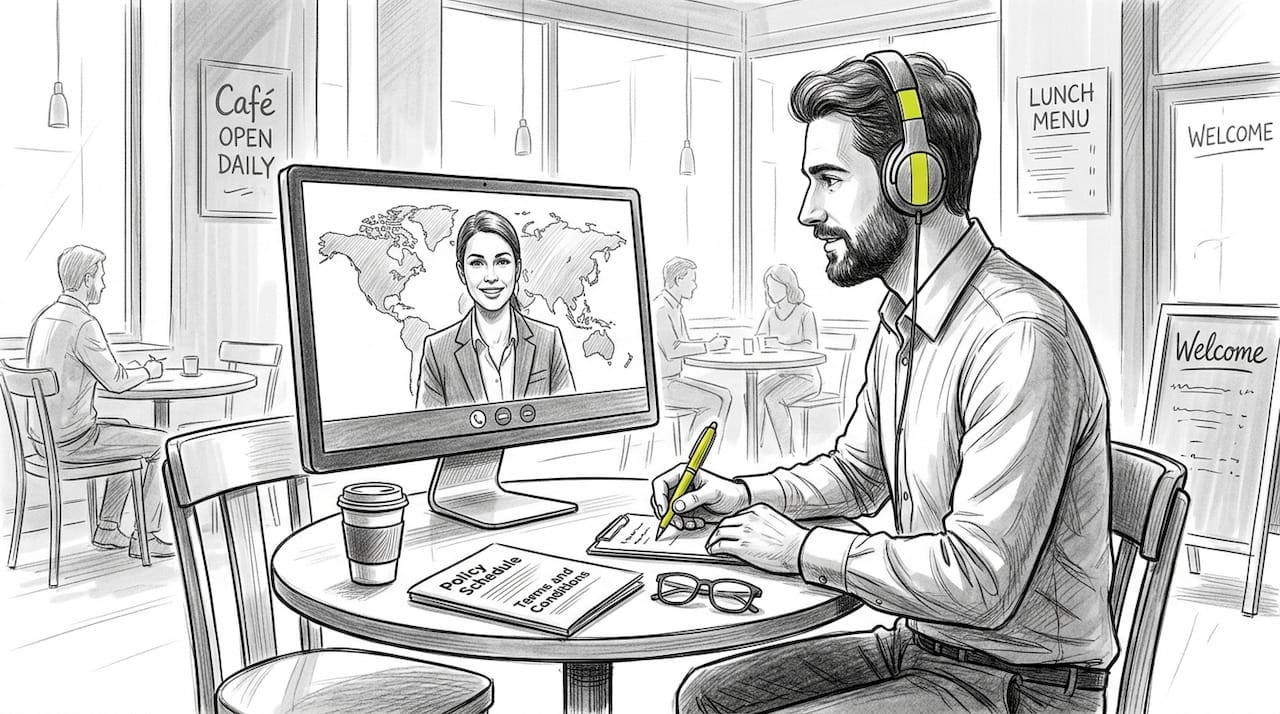 Man consulting online about global health insurance