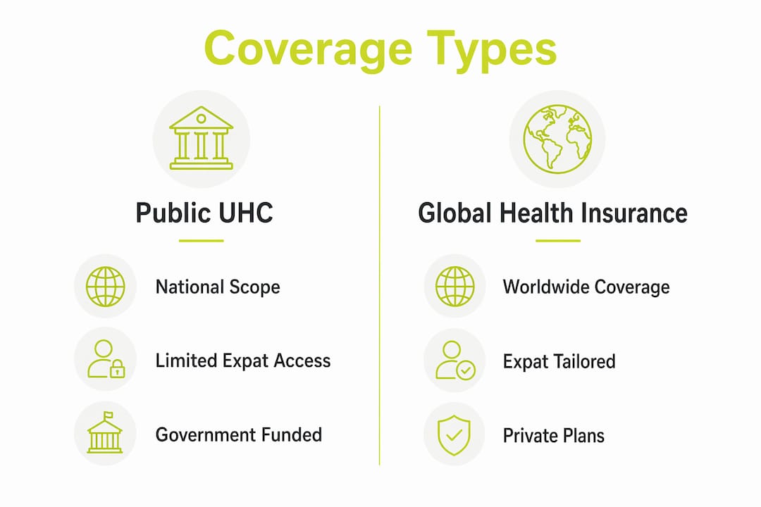 Infographic comparing public UHC and global health insurance coverage
