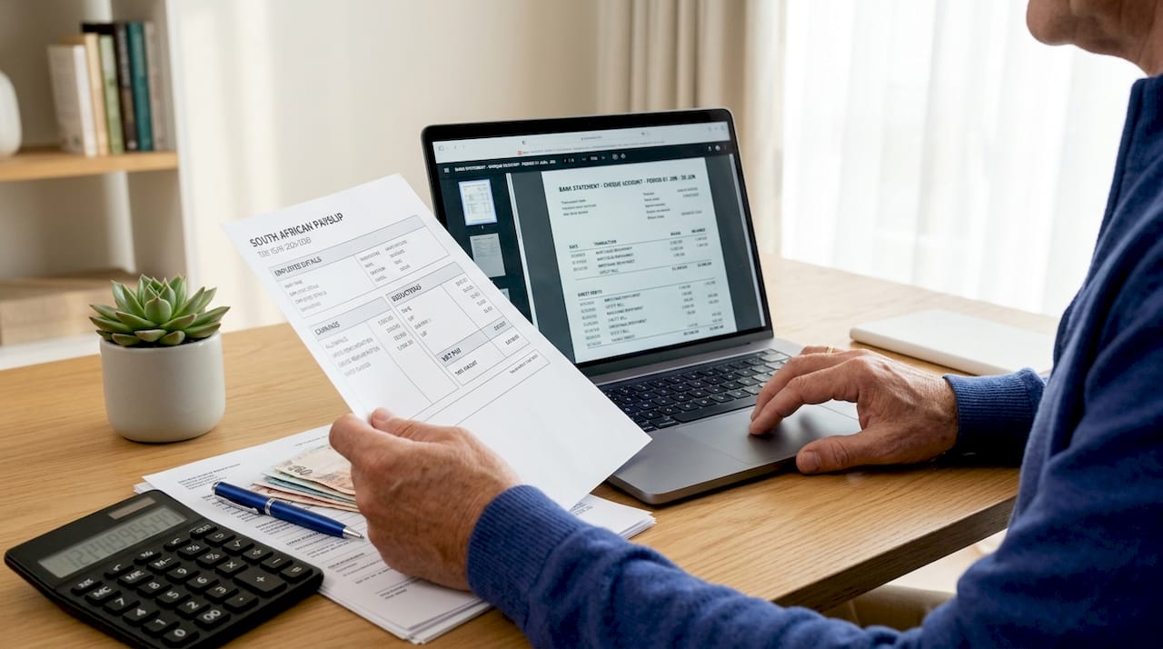 Hands verifying tenant income documents and bank statements