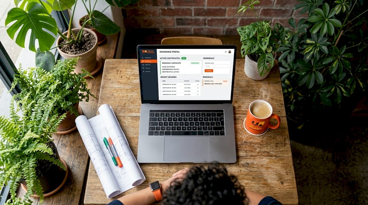 Engineer reviewing insurance portal on laptop