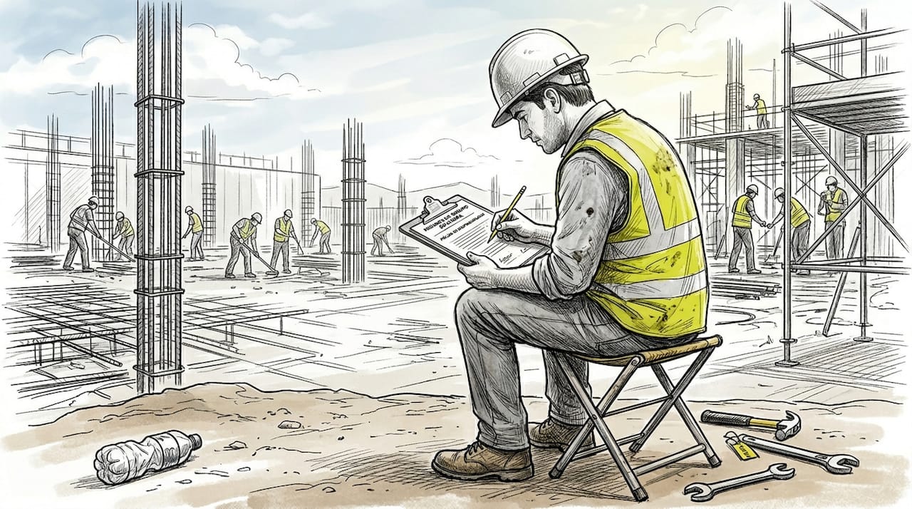 El responsable del proyecto revisando la documentación del seguro en el lugar de trabajo.