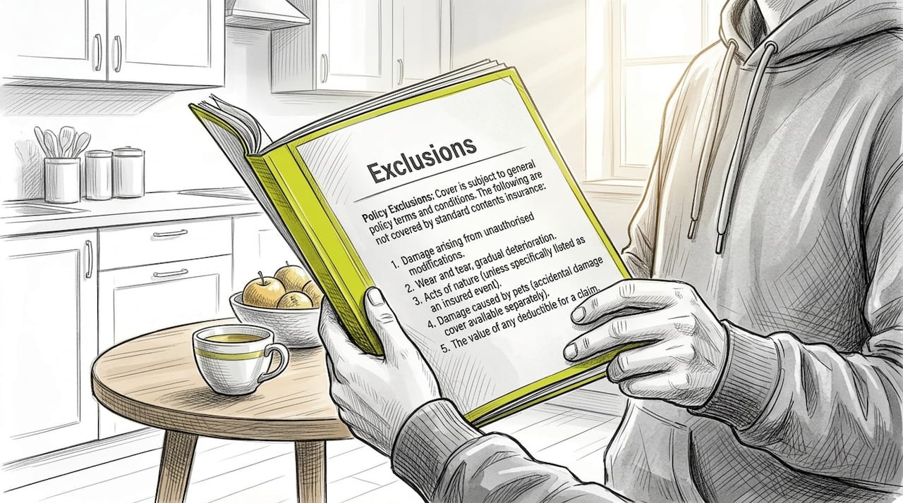 Hands holding insurance booklet showing exclusions section