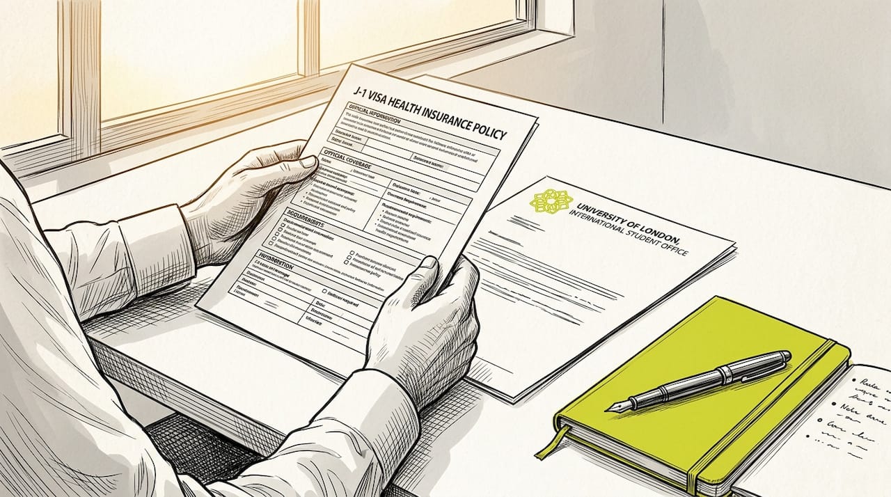 Hands reviewing J-1 visa health insurance document