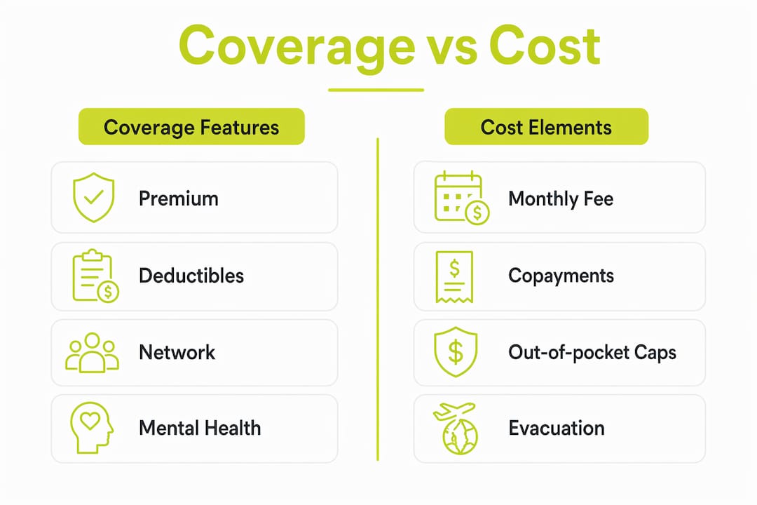 Infographic comparing coverage features and cost elements in student insurance
