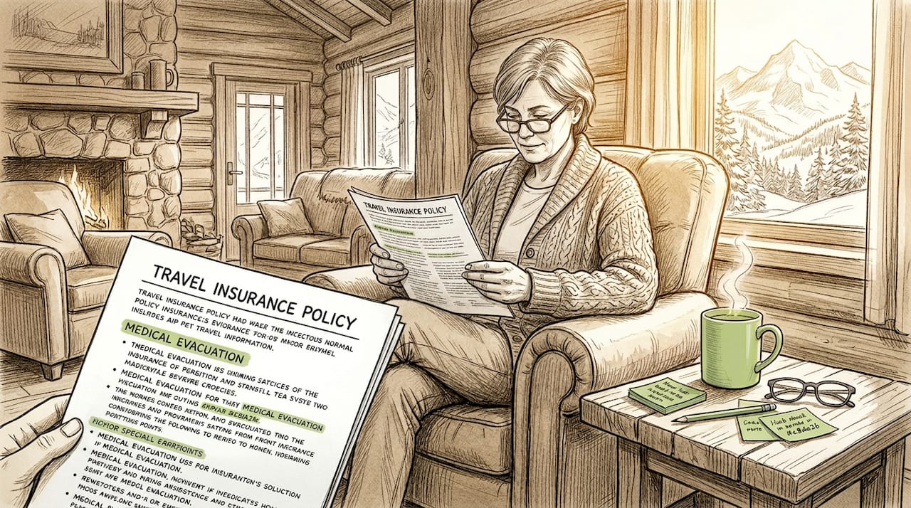 Person reading travel insurance medical evacuation section