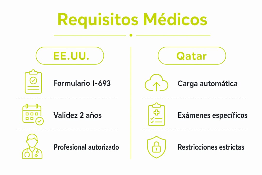 Infografía sobre las diferencias en los requisitos médicos entre Estados Unidos y Catar