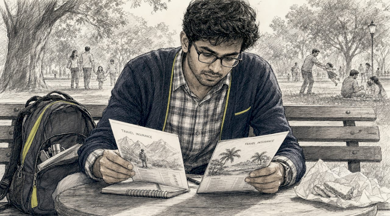 Man comparing travel insurance pamphlets at café