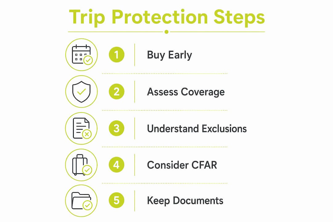 Infographic illustrating steps to secure trip protection insurance