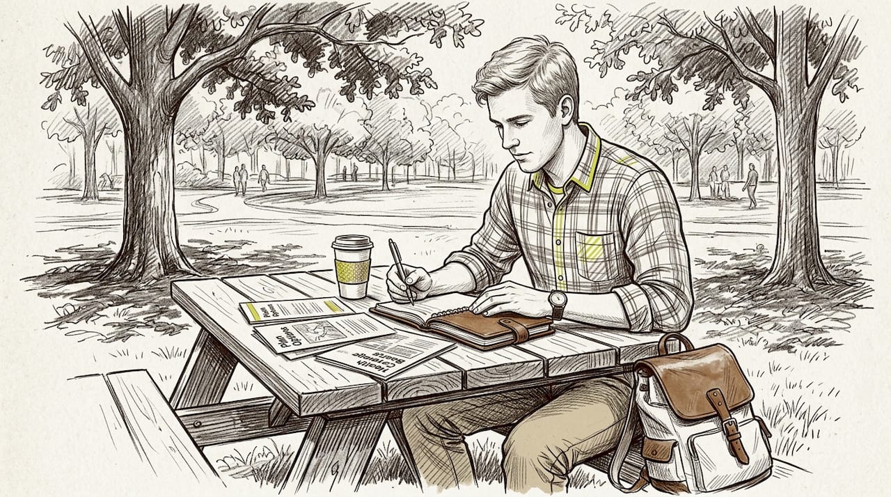 Teacher reviewing health insurance brochures in cafe