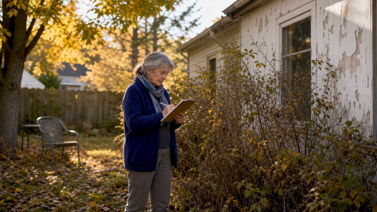 Woman inspecting unoccupied property yard