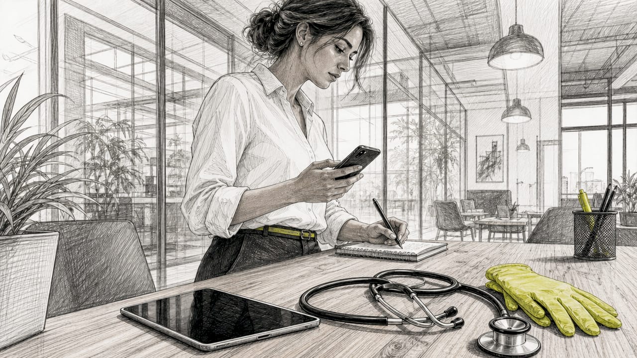 Doctora atendiendo una urgencia por teléfono