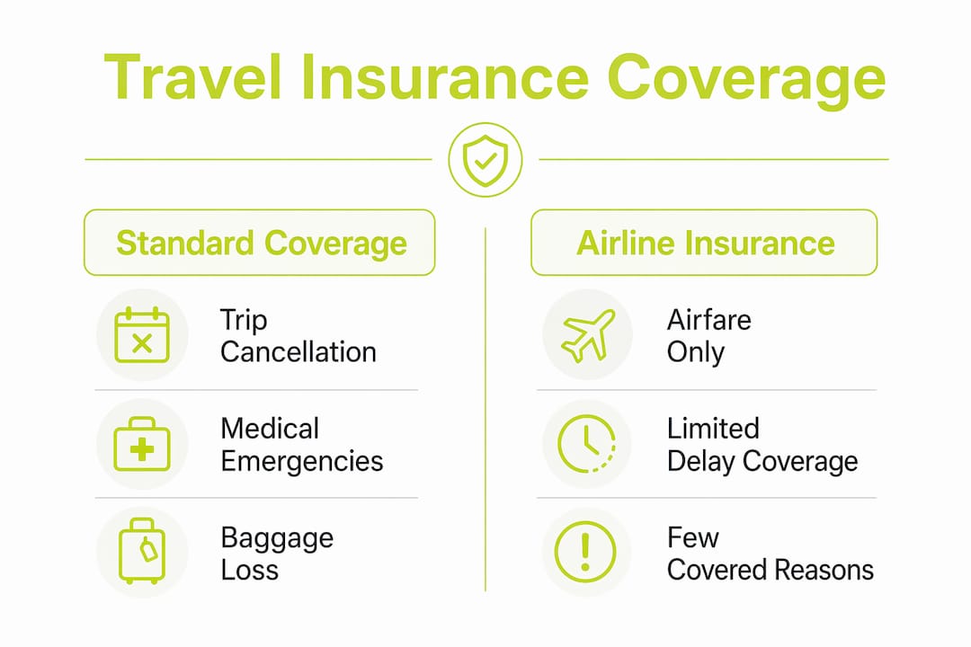 Infographic comparing standard vs airline travel insurance coverage