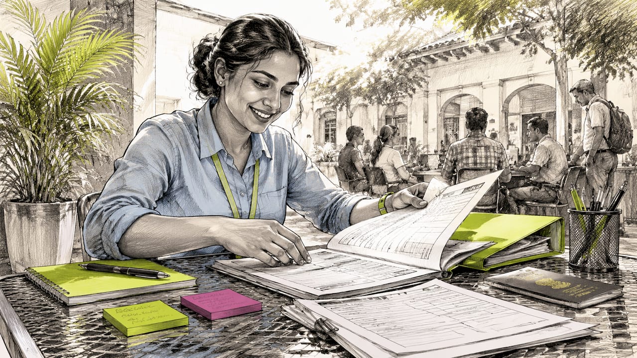 Clerk handling visa type documents at office