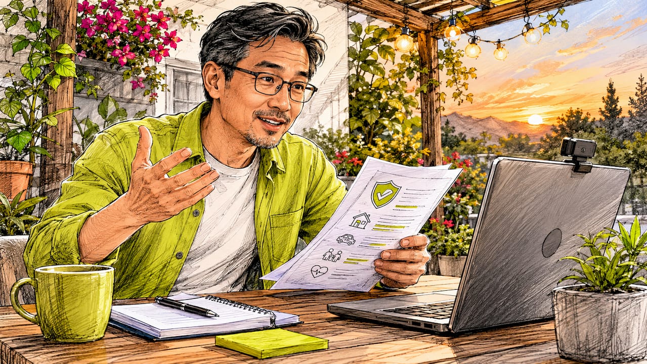 Hombre consultando su seguro internacional durante una videollamada