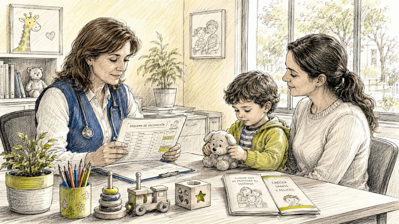El pediatra atiende a una madre junto a su hijo, brindándoles orientación y cuidado durante la consulta.