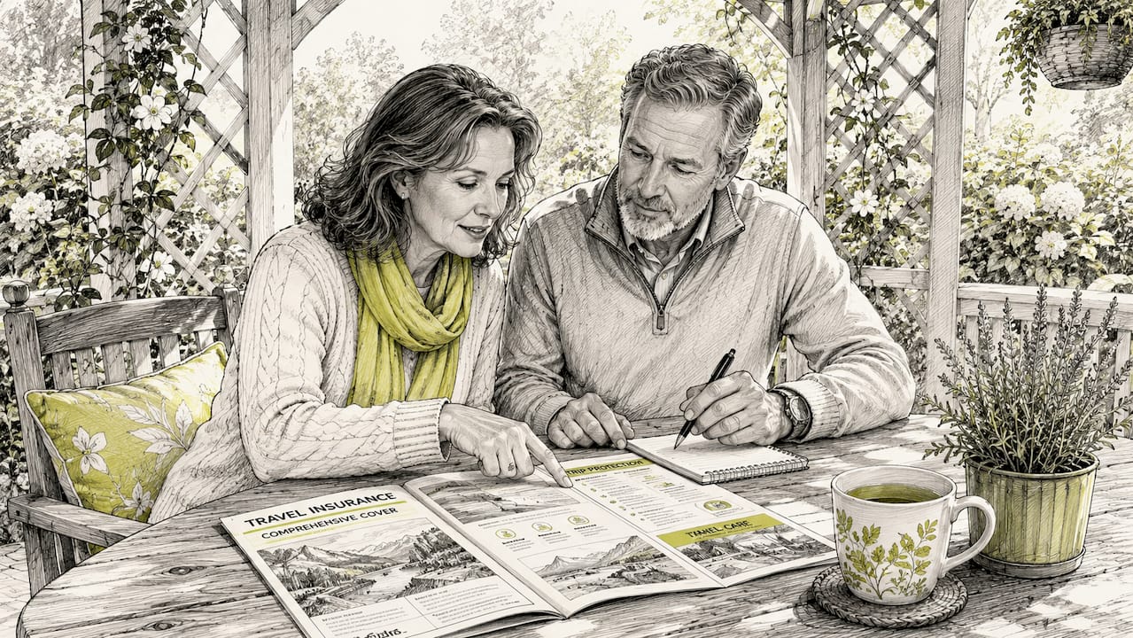 Hands comparing travel insurance policies on table
