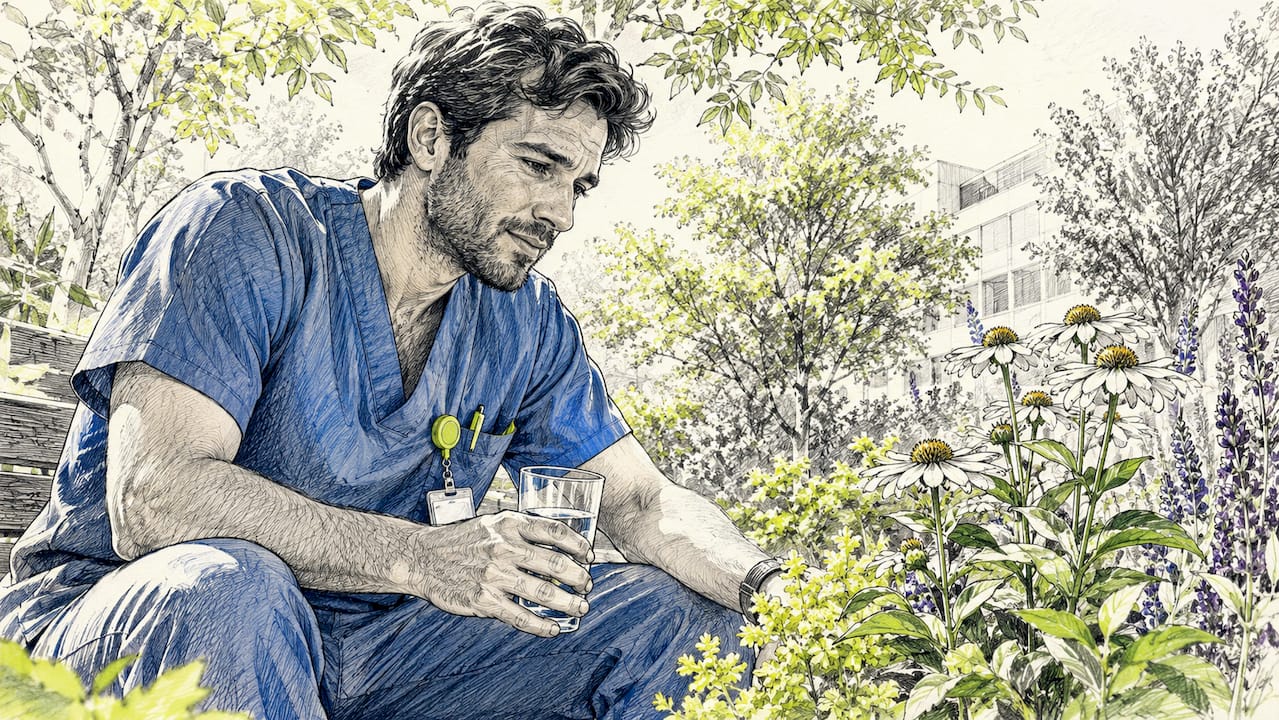 Un médico reflexionando en la sala de descanso del hospital
